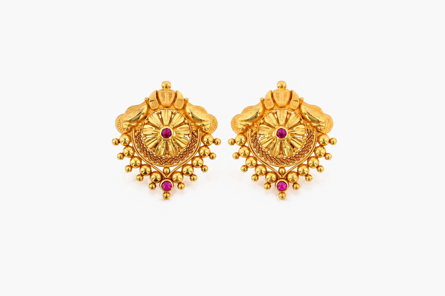 Symmetrical Gold Filigree Earrings with Red Stones