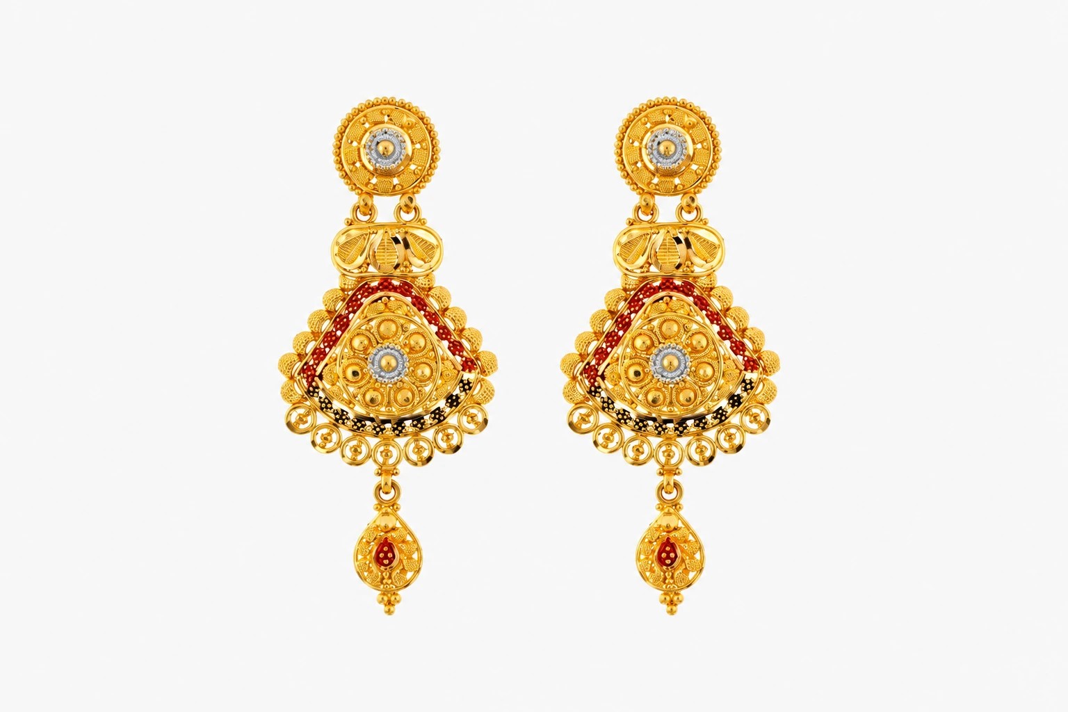 Gold Filigree Earrings with Red Accents
