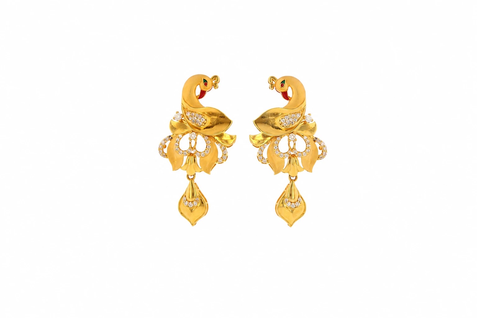 Peacock Design Gold Drop Earrings with Stone Work — image 1