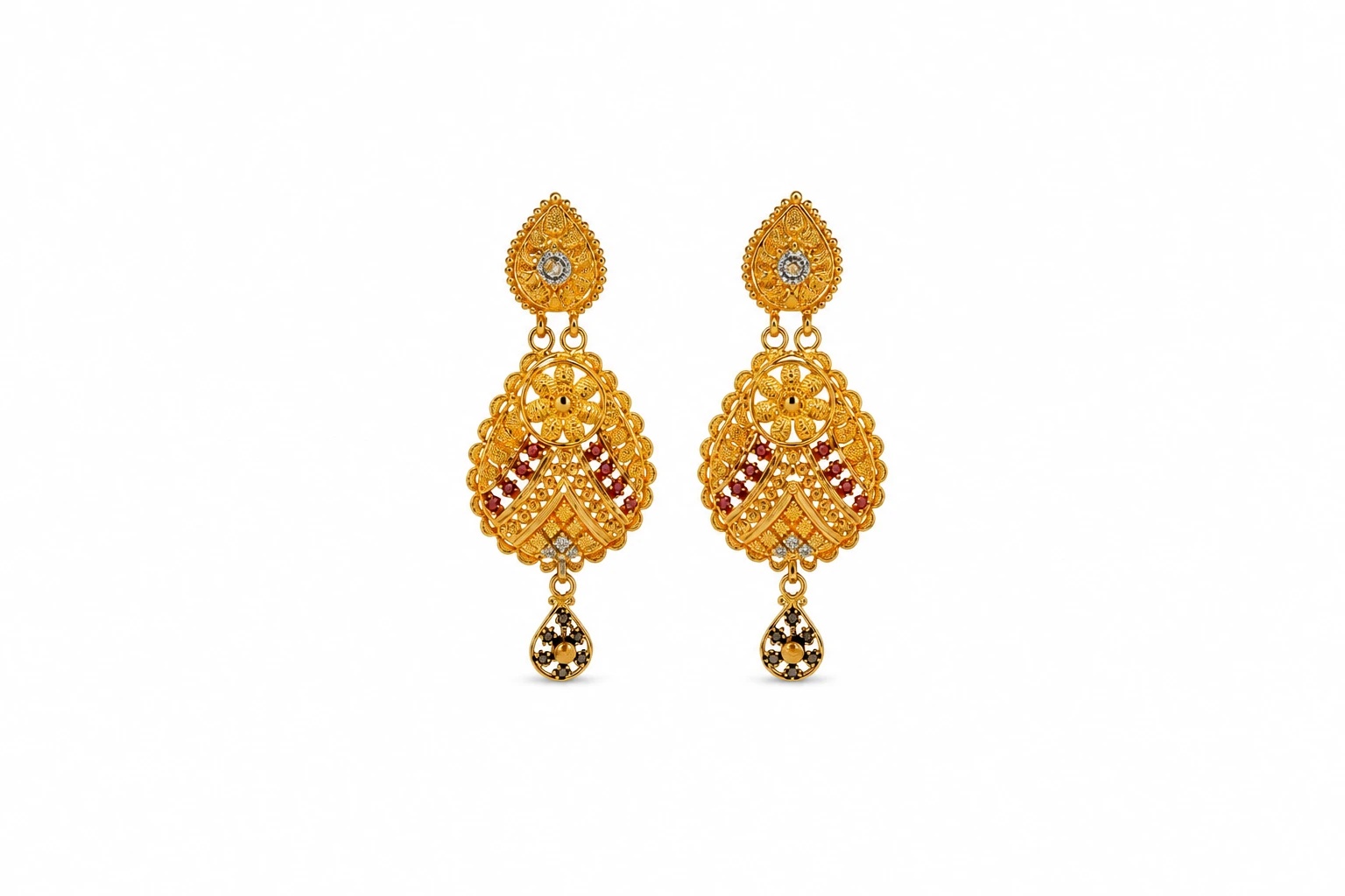 Ornate Gold and Ruby Teardrop Earrings — image 1