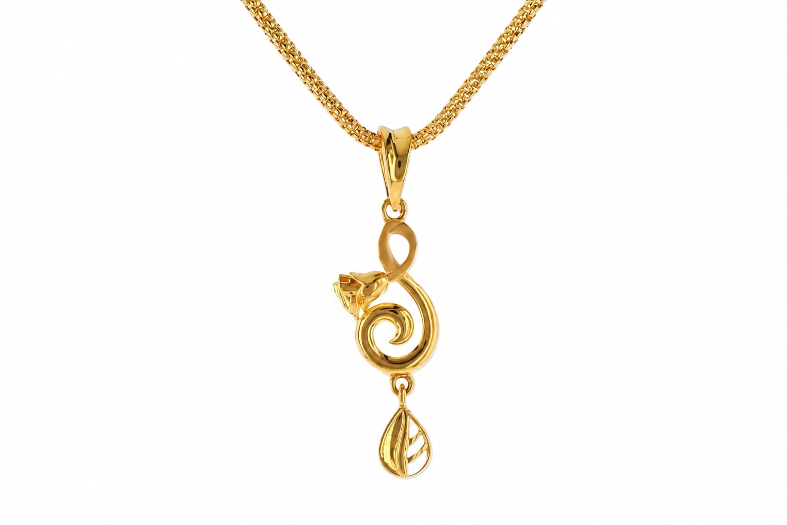 Gold Spiral Pendant With Delicate Leaf and Flower — image 1