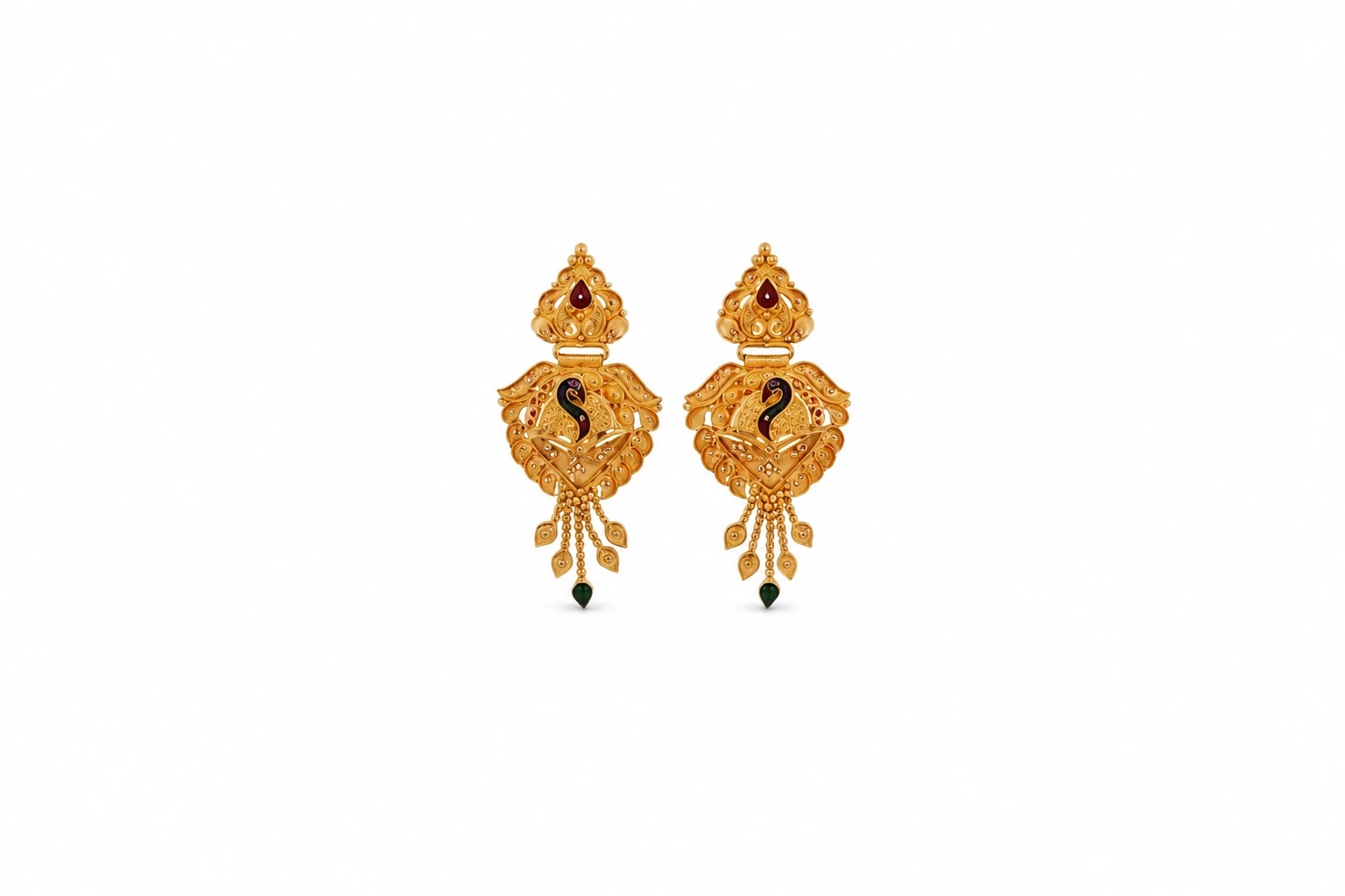 Ornate Gold Earrings with Red Enamel — image 1