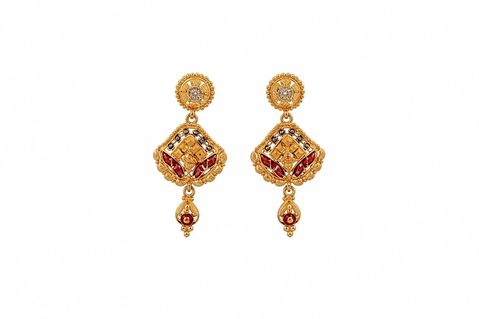Ornate Gold and Red Drop Earrings — image 1